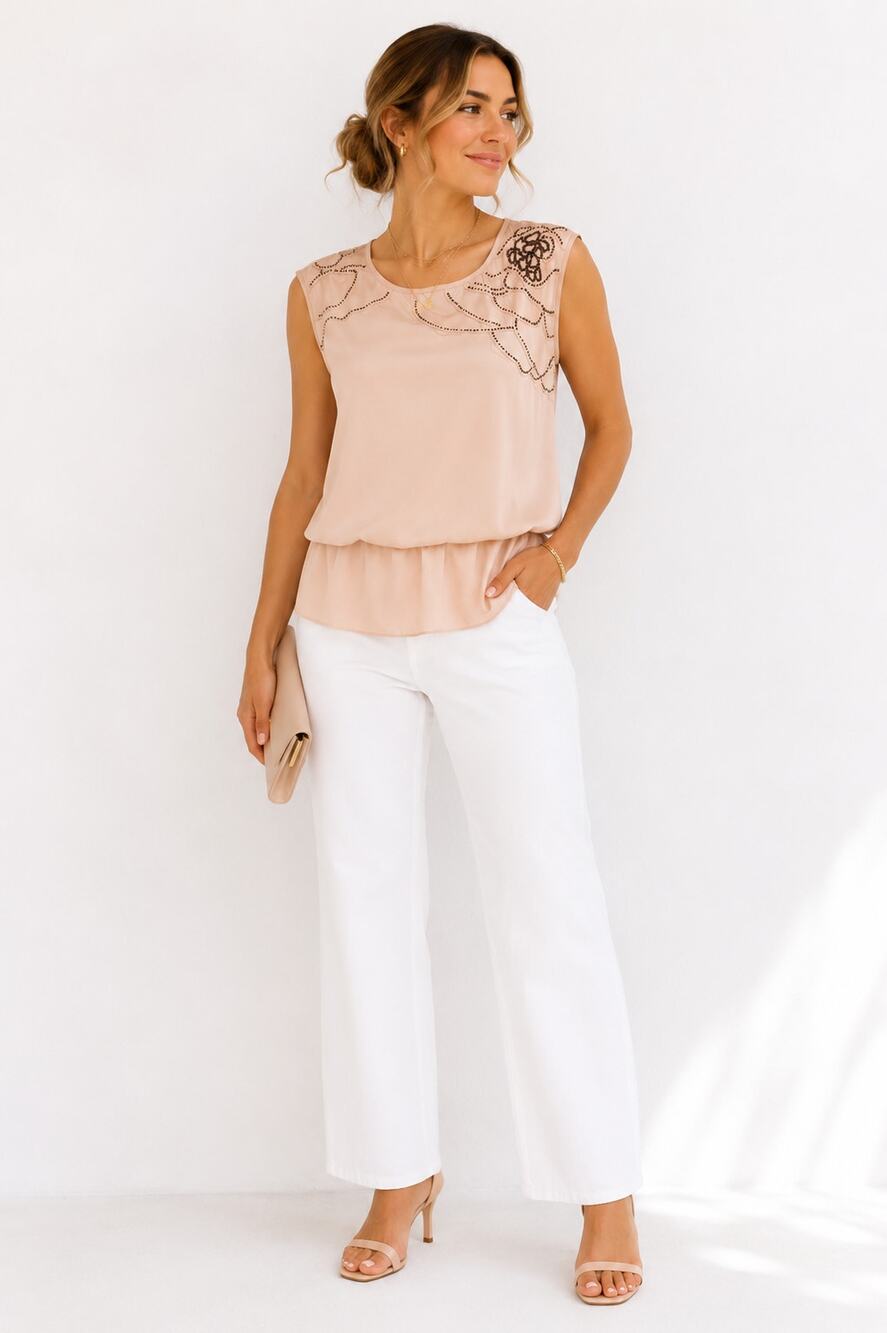 Jodi Arnold Blush Pink Beaded Floral Sleeveless Top Medium